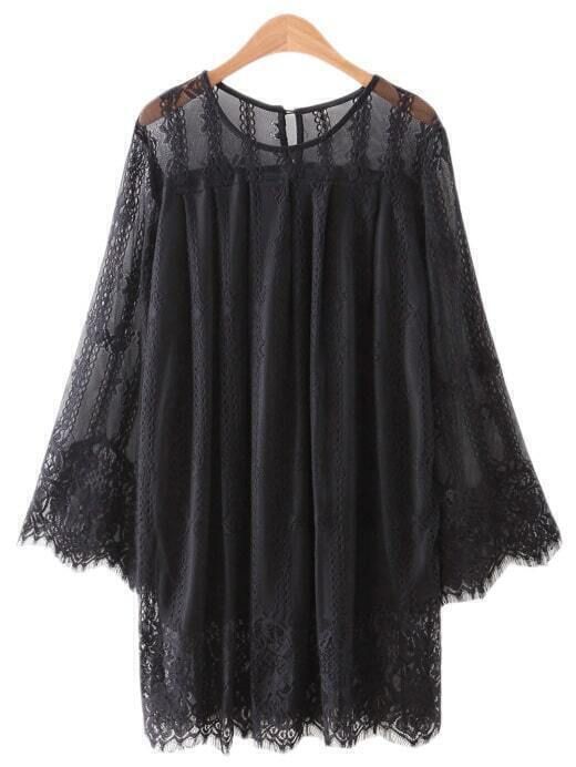 Black Bell Sleeve Embroidery Hollow Lace Dress | Romwe