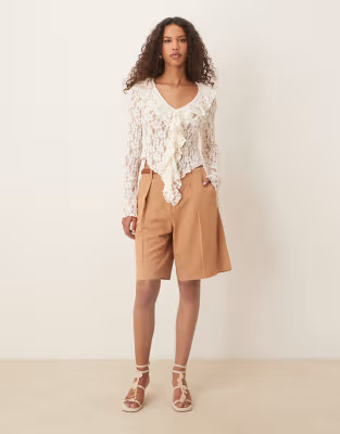 ASOS DESIGN tailored linen look longline city shorts in mocha | ASOS (Global)
