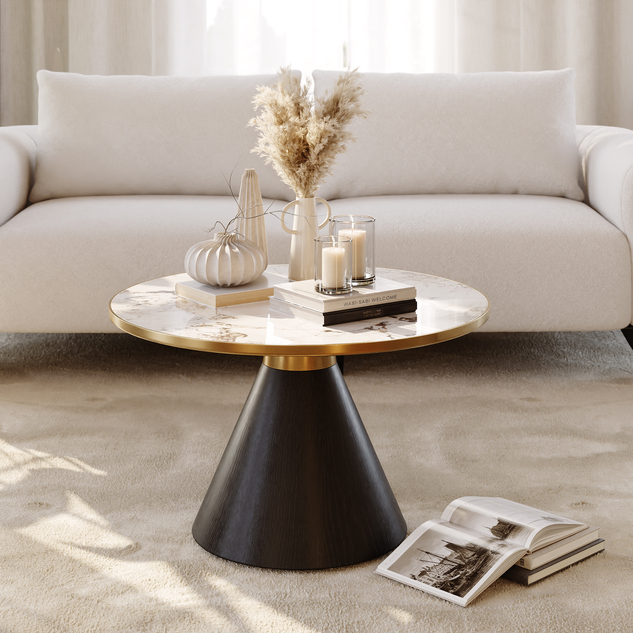Sintered Stone Round Coffee Table Modern Black Living Room Furniture | Homary