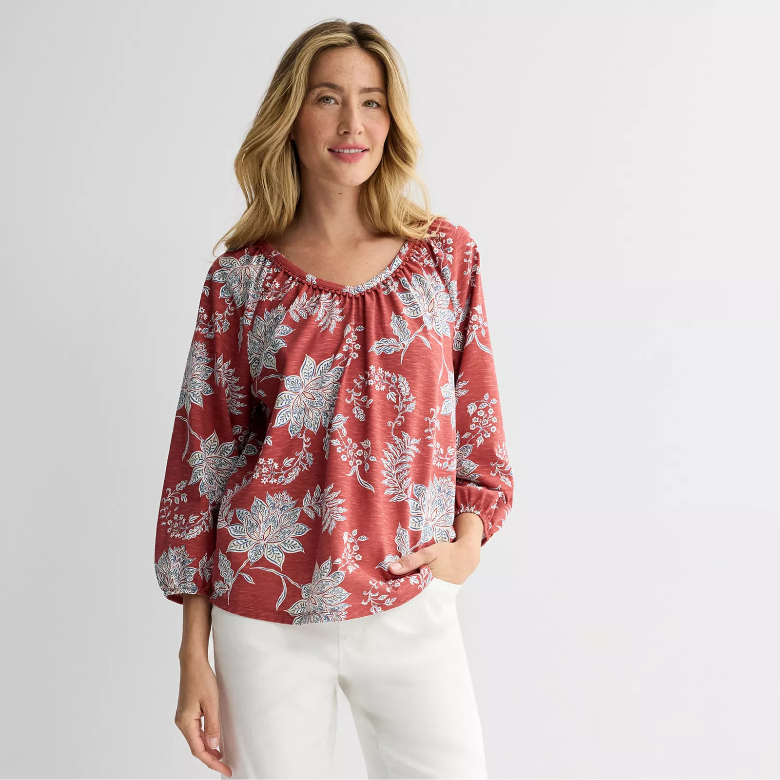 Women's Croft & Barrow® Bobble V-Neck Blouse, Size: Large, Red Global Floral | Kohl's