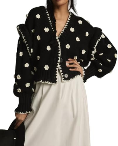 Womens Floral Cardigan Sweater Chunky Knit Drop Shoulder V Neck Button Down Embroidered Flower Ca... | Amazon (US)
