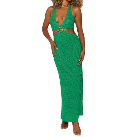Womens Sexy Cut Out Knit Bodycon Maxi Long Dress Halter Neck Crochet Backless Slim Split Mini Dresse | Walmart (US)