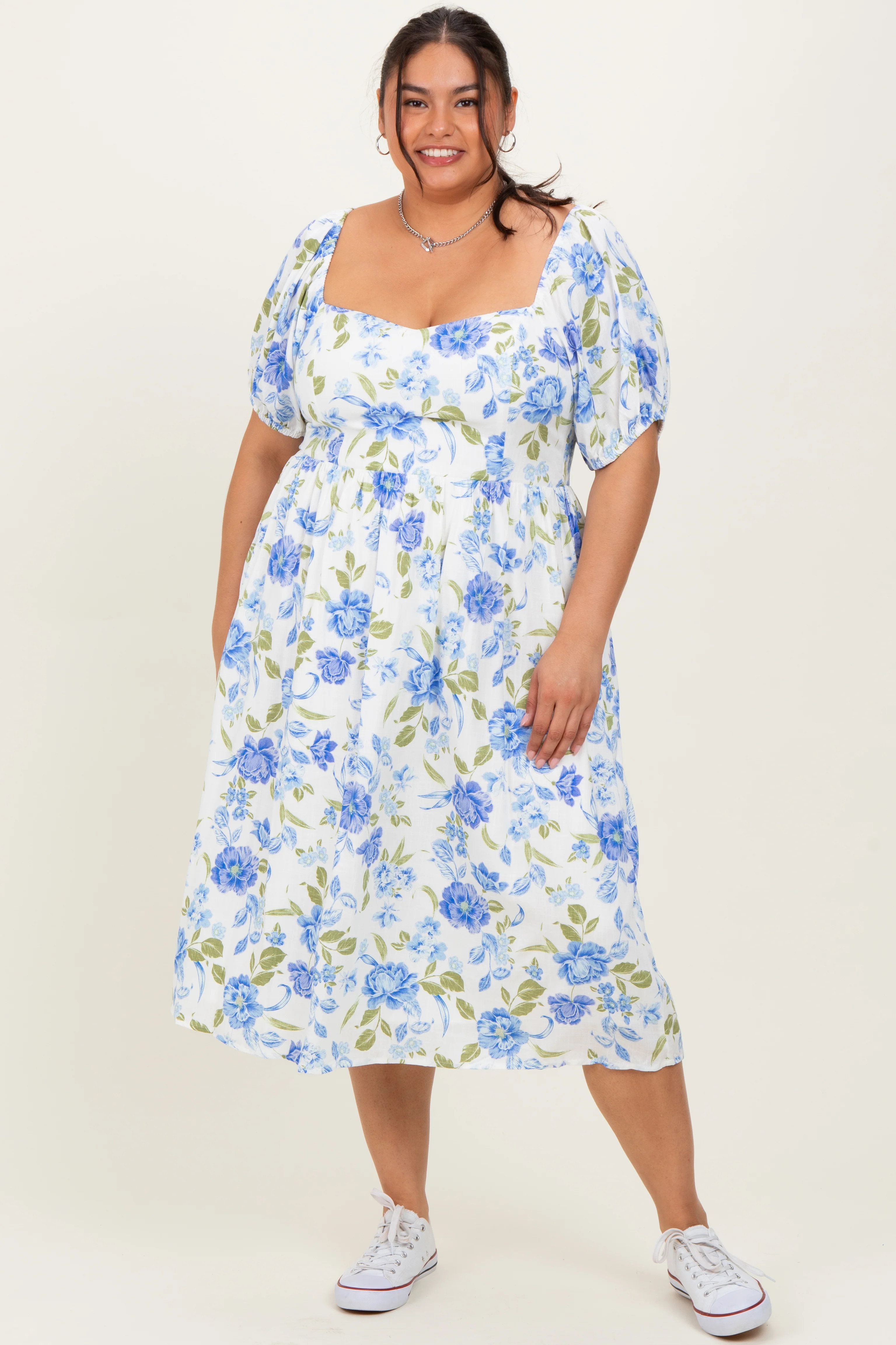 Blue Floral Sweetheart Neckline Puff Sleeve Plus Midi Dress | PinkBlush Maternity