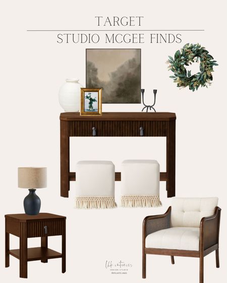 Studio McGee from Target 
Accent table / console table / accent chair / table lamp / ottoman / blurry treetop wall art / flower art wall art / eucalyptus wreath / double candle holder / textured vase 

#LTKHome