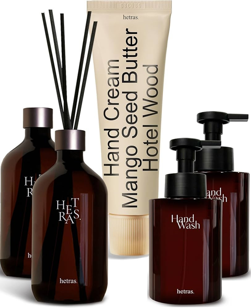 hetras | Hotel Wood - Premium Reed Diffuser Set 16.9 fl.oz. 2 Pack + Perfume Bubble Hand Wash 17.... | Amazon (US)