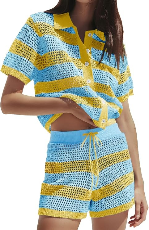 Tankaneo Womens 2 Piece Short Sets Crochet Knit Striped Summer Short Sleeve Shirts Beach Cover Up... | Amazon (US)