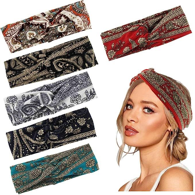 Carede Paisley Turban Headbands for Women Twisted Knot Wide Headwrap Yoga Workout Sport Hairbands... | Amazon (US)