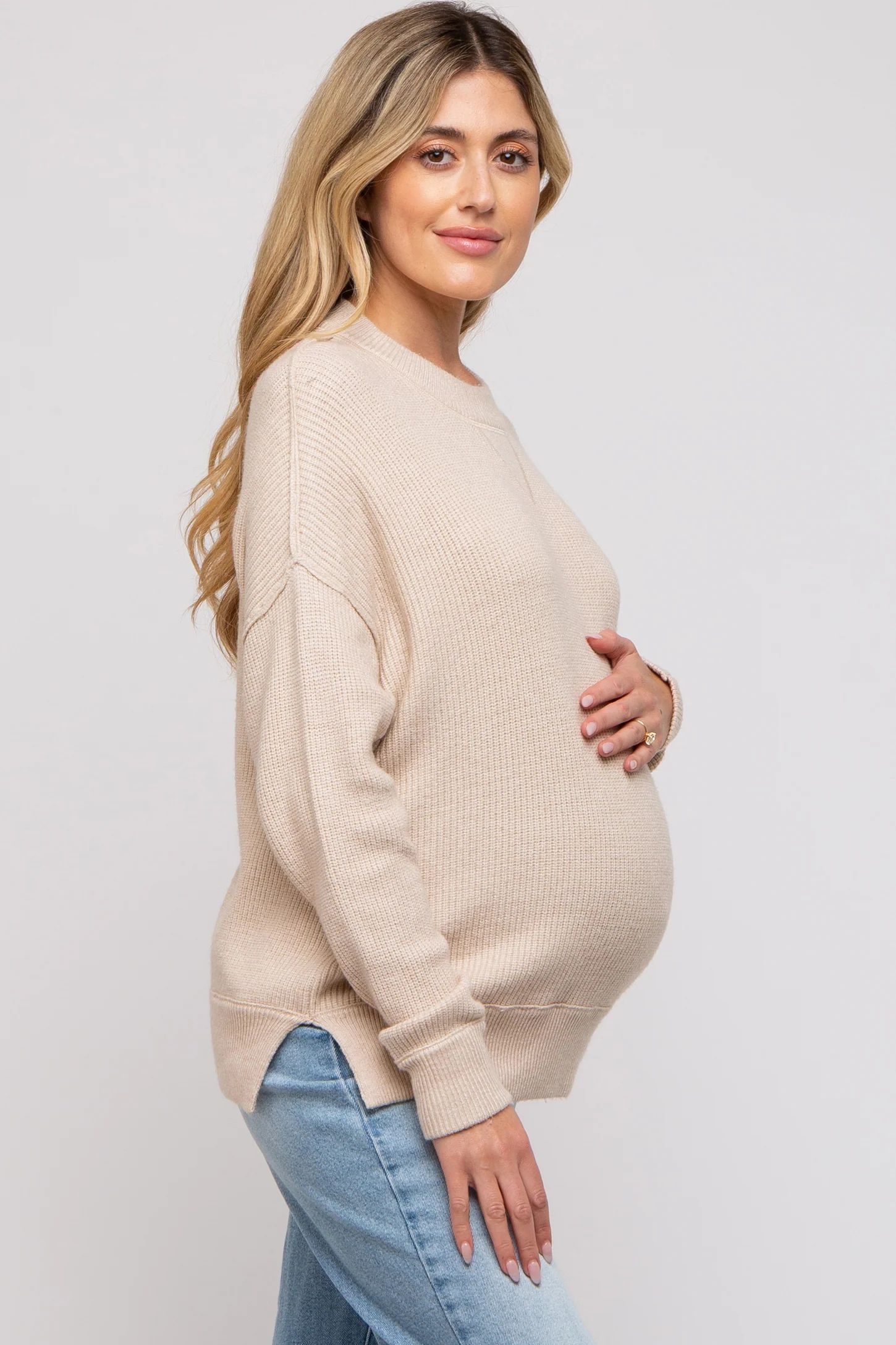 Beige Knit Side Slit Maternity Sweater | PinkBlush Maternity