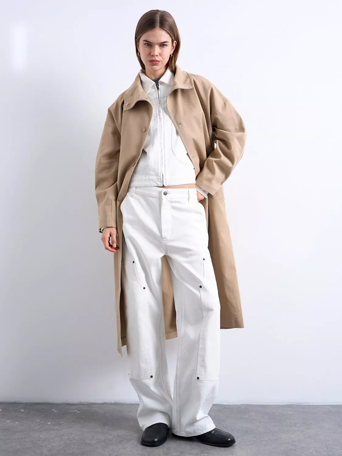 Topshop Funnel Neck Trench Coat, Beige | John Lewis (UK)