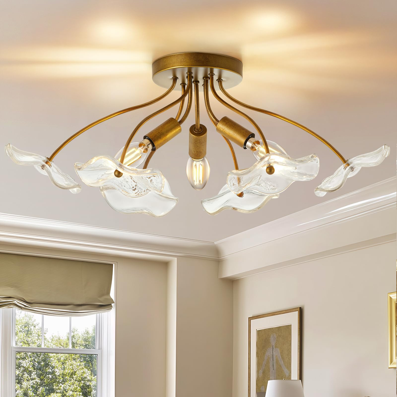 Luvkczc Semi Flush Mount Ceiling Light, Modern Gold Ceiling Light Fixture, Vintage Brass Lighting... | Amazon (US)