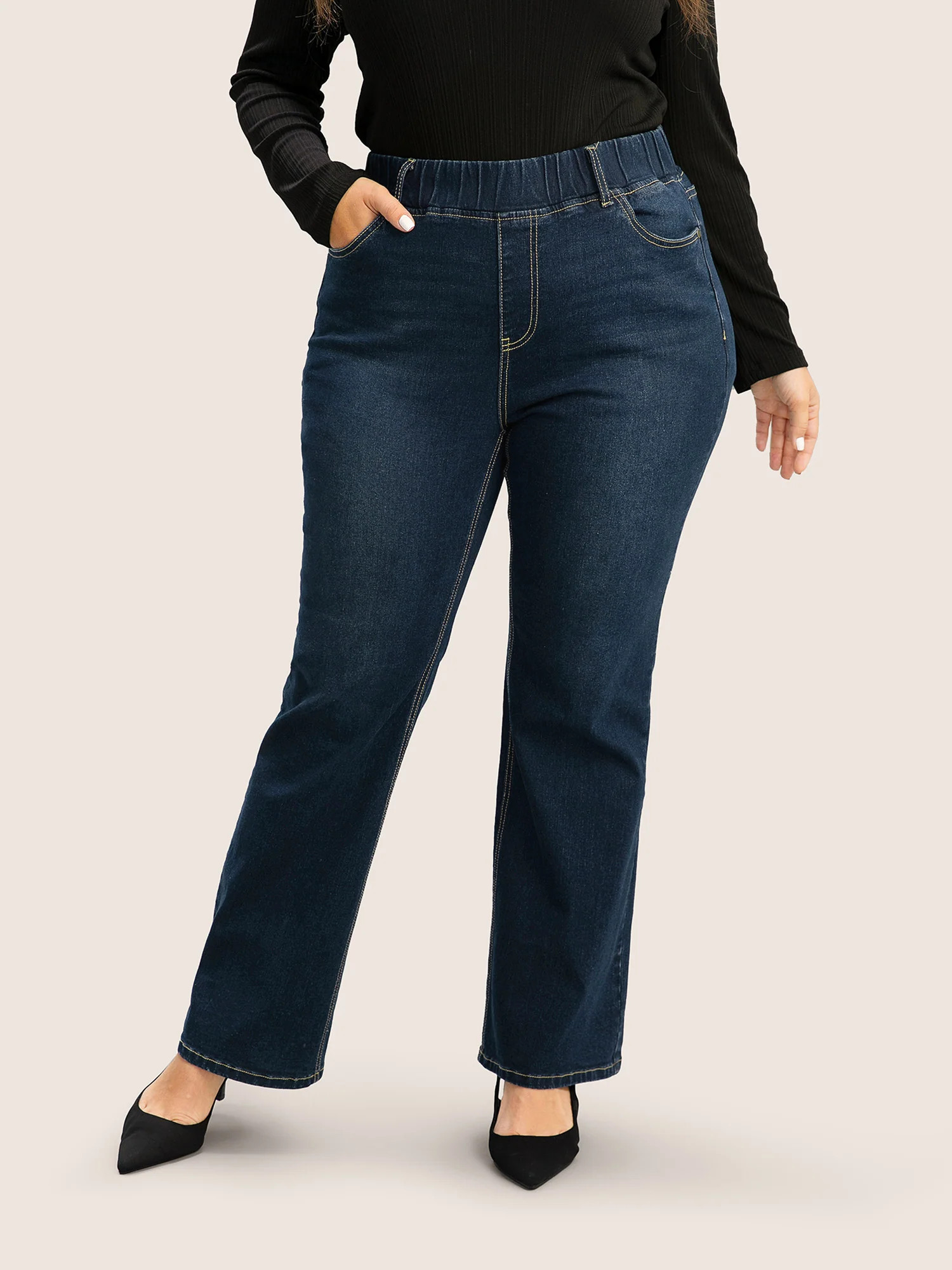 Solid Elastic Waist Pocket Full Length Jeans | Bloomchic