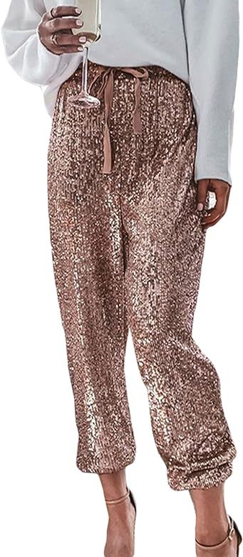 CHARTOU Women's Sparkly Sequin Elastic Waist Paper Bag Jogger Lounge Pants with Drawstring | Amazon (US)