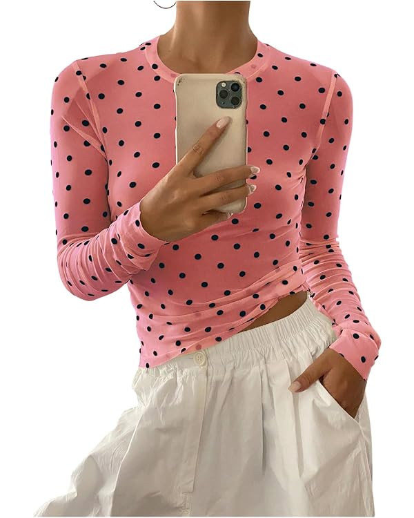 SHENHE Women's Polka Dots Sheer Mesh T Shirt Long Sleeve Round Neck Slim Fitted Streetwear Top | Amazon (US)