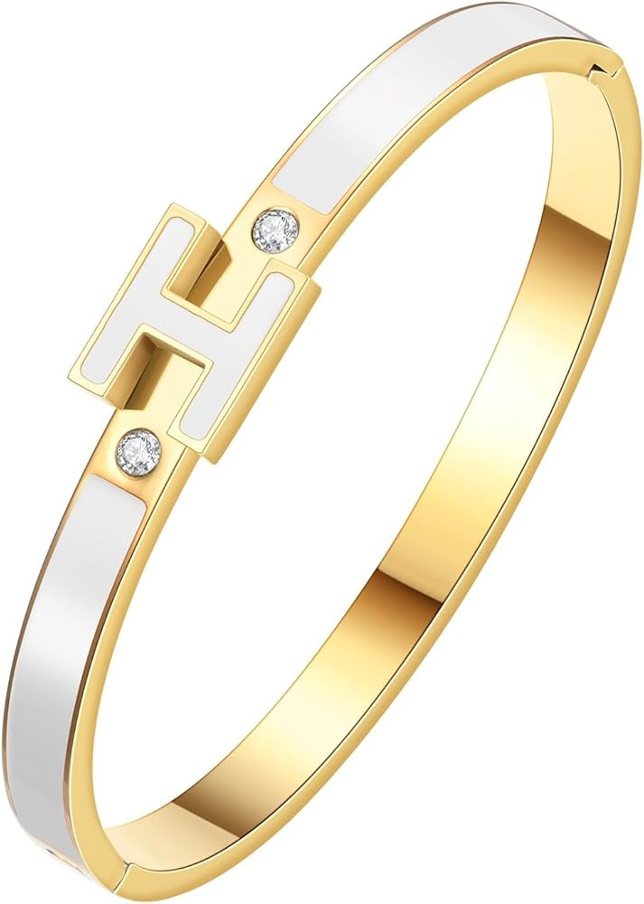 H Bangle Bracelet for Women - 18K Gold Plated Stainless Steel Enamel Bracelet - Fashion H Letter ... | Amazon (US)