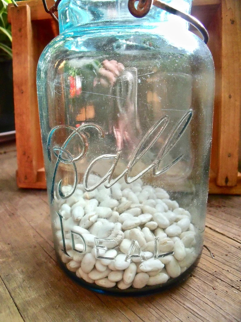 BALL IDEAL canning jar--aqua gLass--wire baiL handLe--INCLUDES white dry beans--reads "2" on boTT... | Etsy (US)