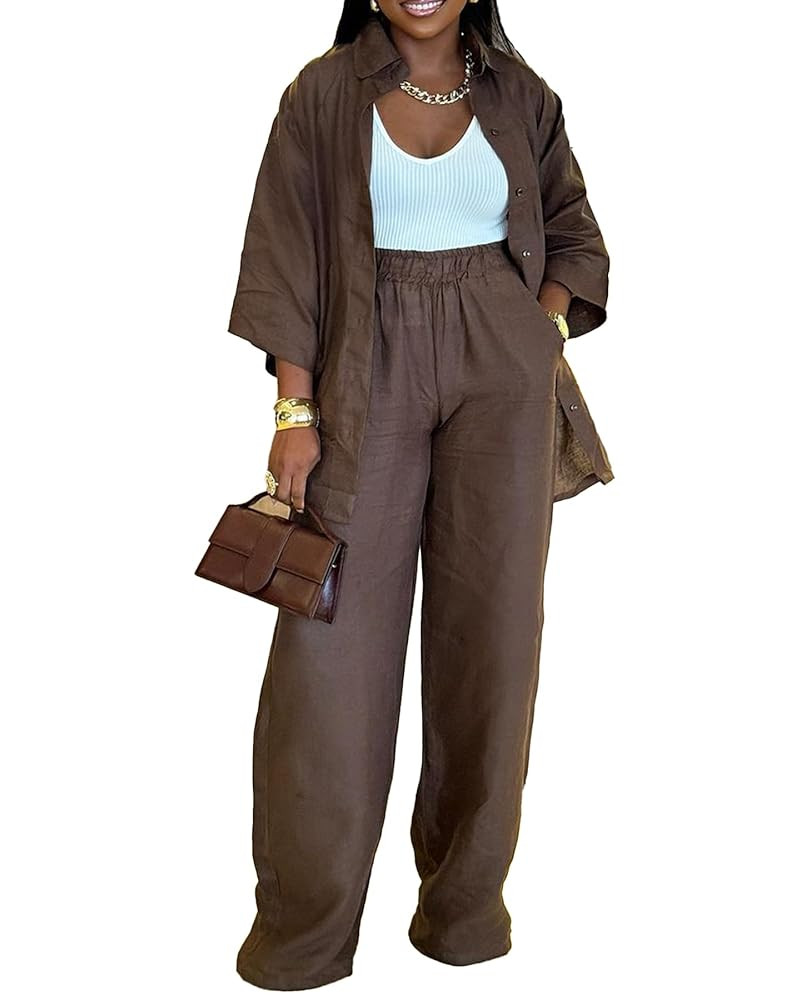 Voghtic 2 Piece Outfits For Women Lounge Sets 3/4 Sleeve Button Down Shirts And Wide Leg Pants Se... | Amazon (US)