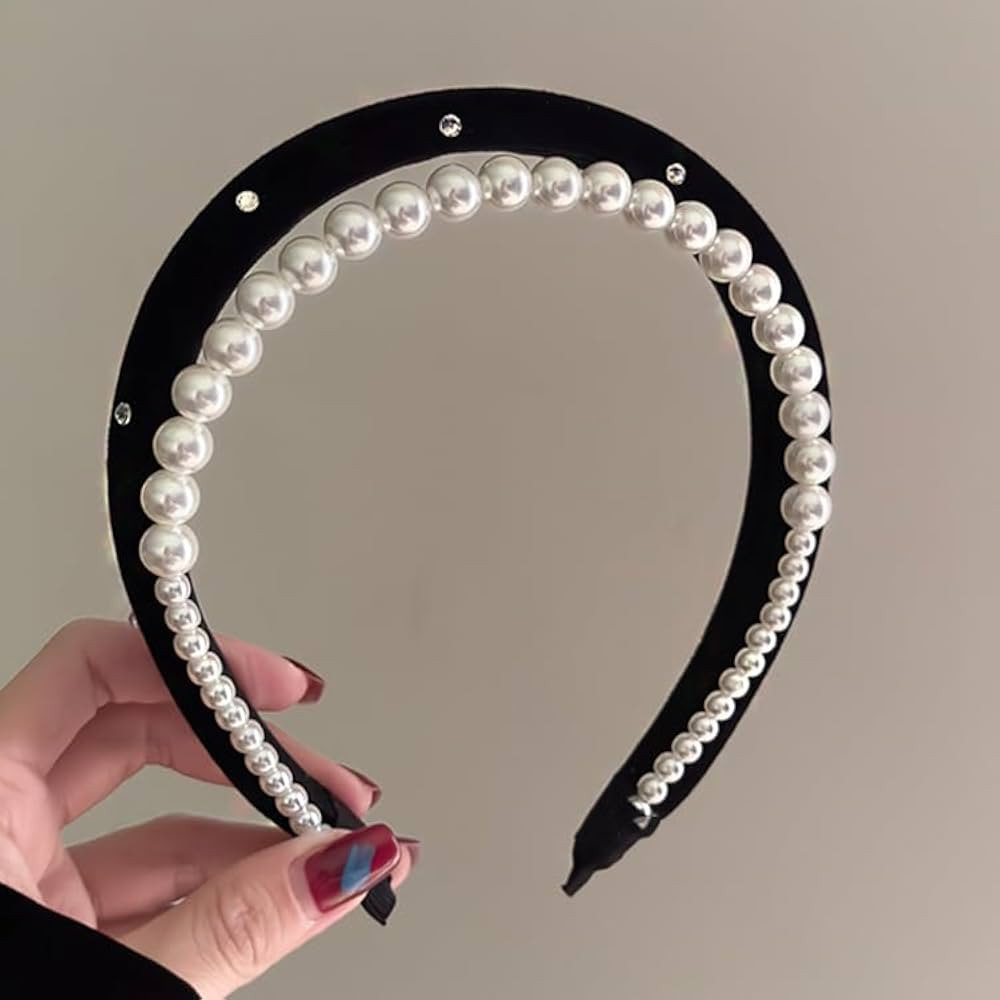 Black Headbands for Women Girls Double Layer Pearl Velvet Headbands Non Slip Soft Thick Padded He... | Amazon (US)