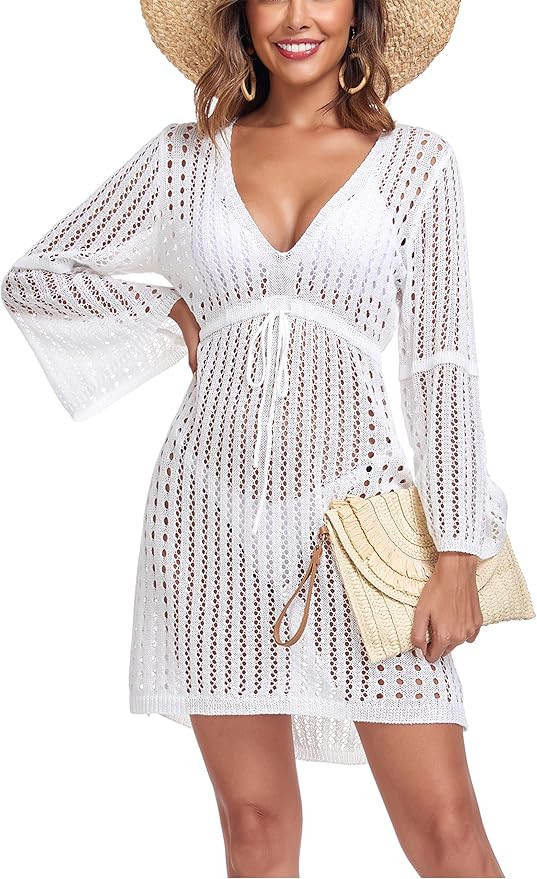 Adisputent Crochet Swim Cover Up for Women Hollow Out Bikini Bathing Suit Coverup Side Split Slee... | Amazon (US)