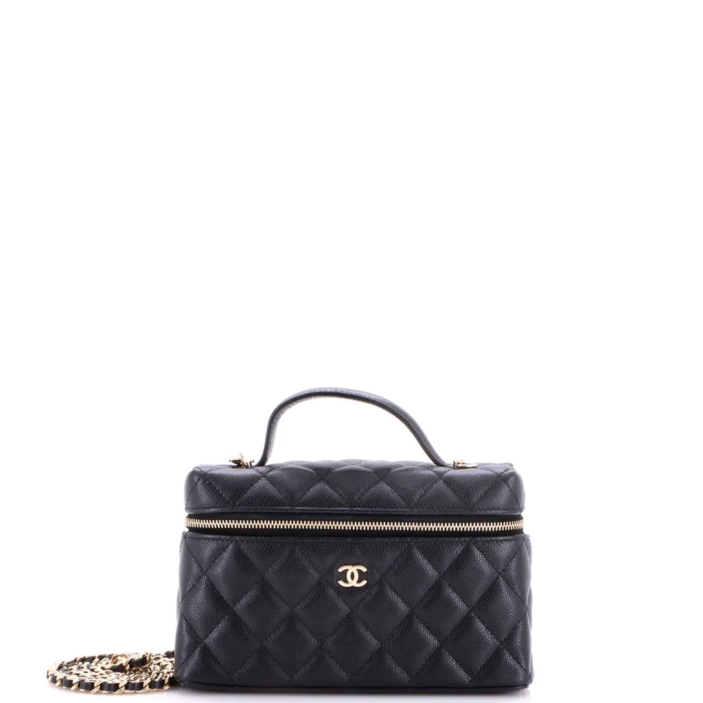 Classic Top Handle Slim Vanity Case with Chain Quilted Caviar Small | Rebag