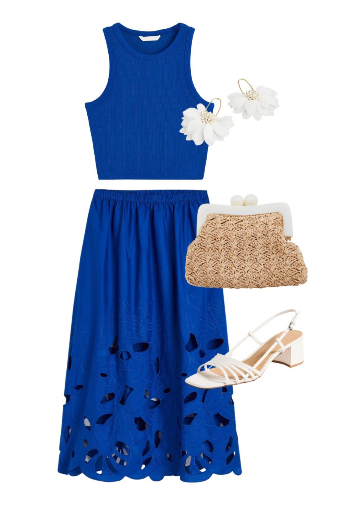 Vacation style. Resortwear. Blue embroidered skirt. Blue crop top. Flower earrings. Straw clutch. White heeled sandals. 
.
.
.
.. #hmfashion #ltkunder50

#LTKunder100 #LTKtravel #LTKstyletip