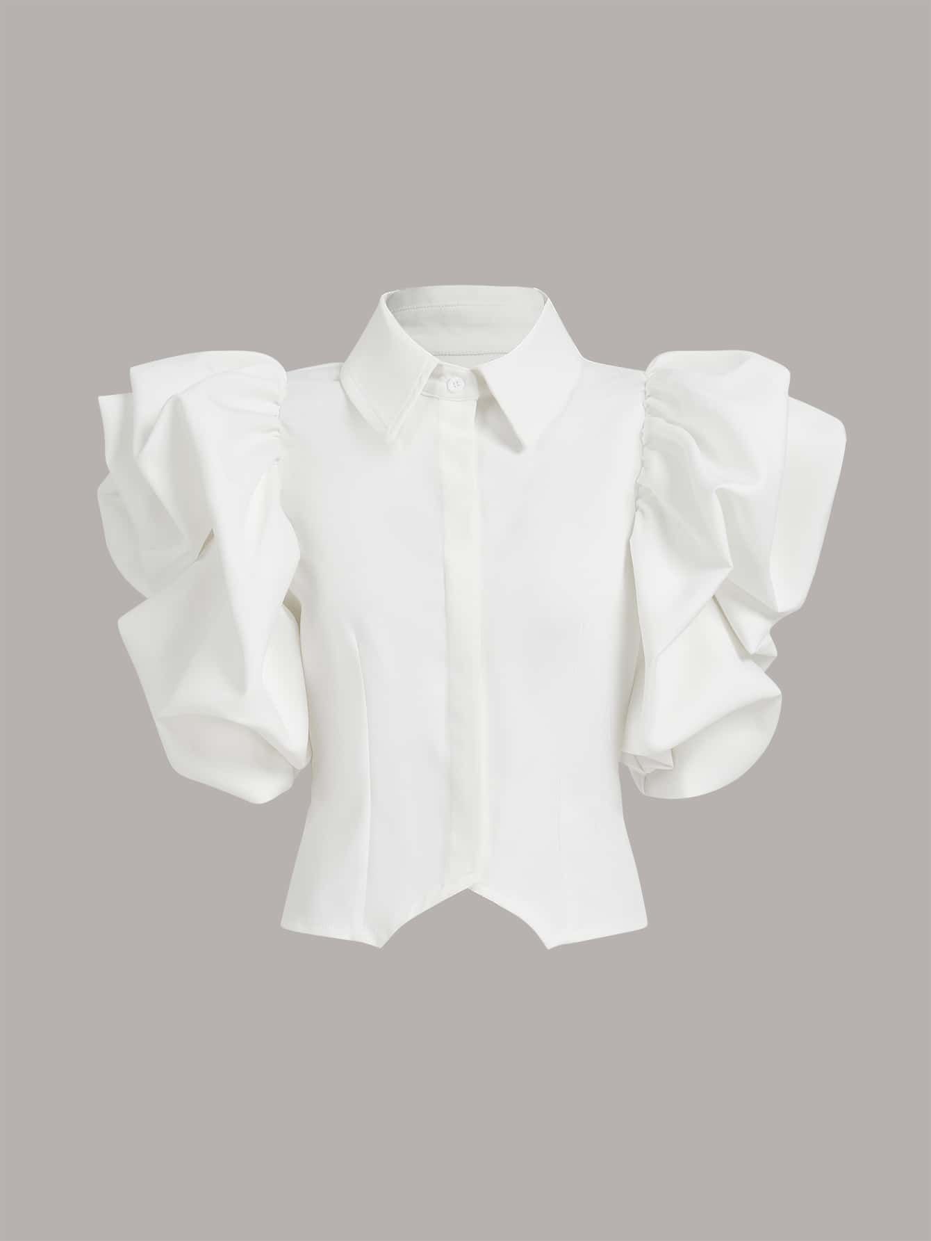 SHEIN MOD Exaggerated Ruffle Trim Button Front Shirt  SKU: sw2302132866699998(100+ Reviews)$12.99... | SHEIN