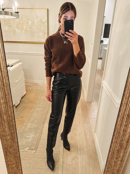 Love these $35 croc style coated pants and this chocolate brown crew sweater that’s on sale now 30% off of $30 with target circle deal. The croc pants remind me of the agolde style. Everything runs tts. Wearing xs in all! 