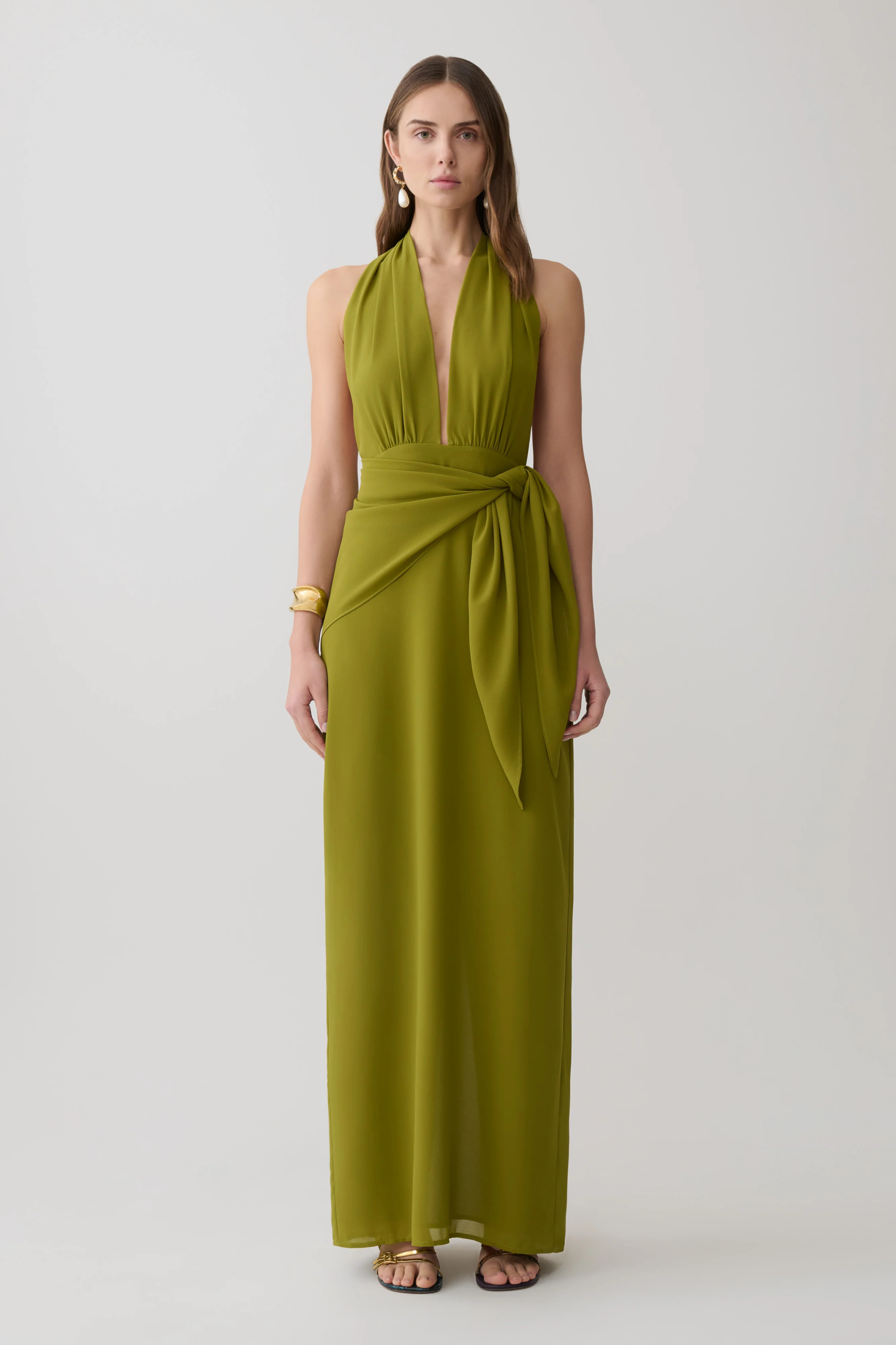 Gianna Satin Halter Maxi Dress - Olive | Meshki (APAC)