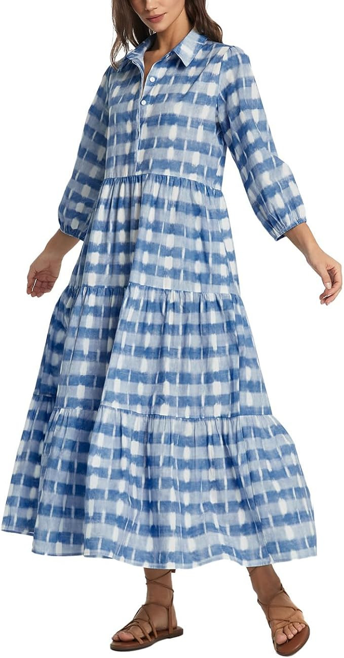 D-Sun Women Long Sleeve Maxi Dress V Neck Button Down Flowy Tiered Ruffle Shirt Dress Casual Fall... | Amazon (US)