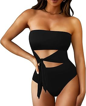 Viottiset Women's Bandeau One Piece Swimsuit Strapless Tie High Cut Out Bathing Suit | Amazon (US)
