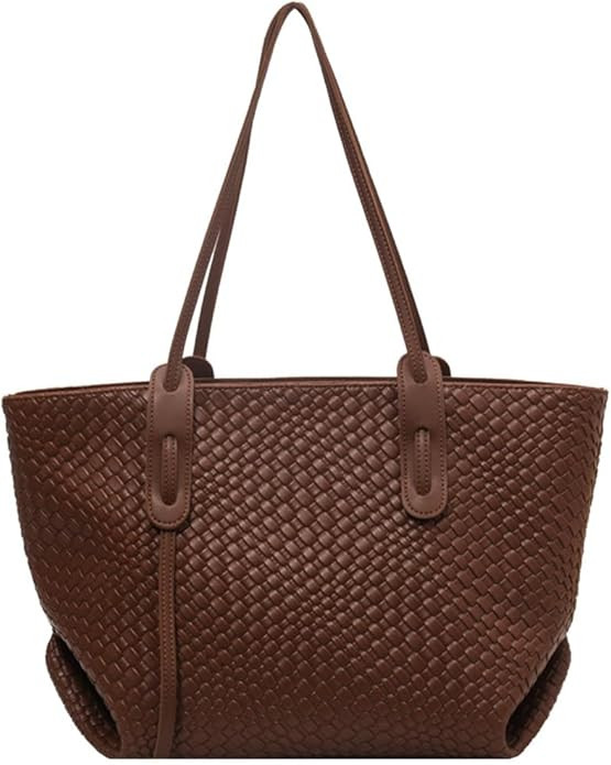 Womens Fashion Luxury Large Leather Woven Leather Tote Handbag Shoulder Bag Women Top Handle Satc... | Amazon (US)