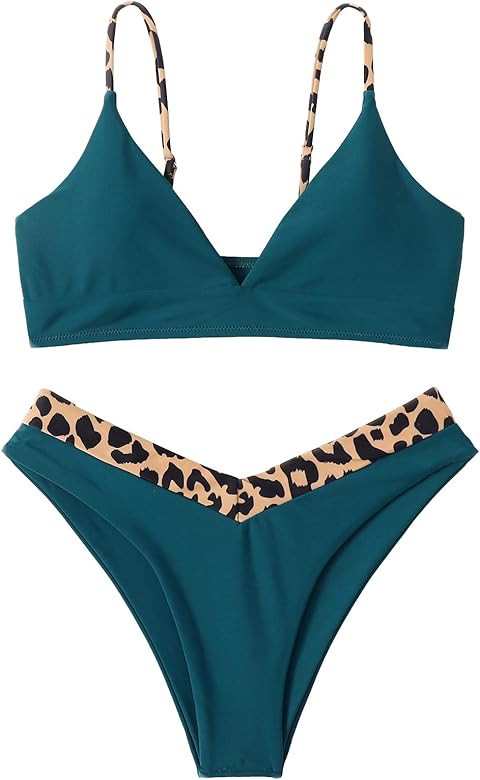 Floerns Women's 2 Piece Leopard Contrast High Cut Cheeky Tong Bikini Swimsuit | Amazon (US)