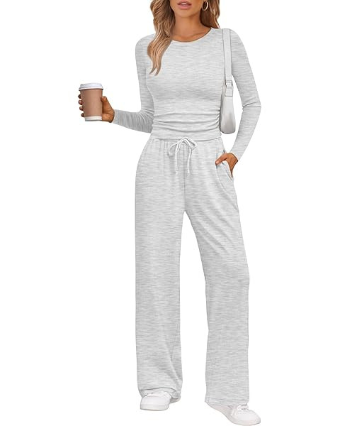 Trendy Queen Women's 2 Piece Matching Lounge Set Long Sleeve Side Ruching Top Wide Leg Drawstring... | Amazon (US)