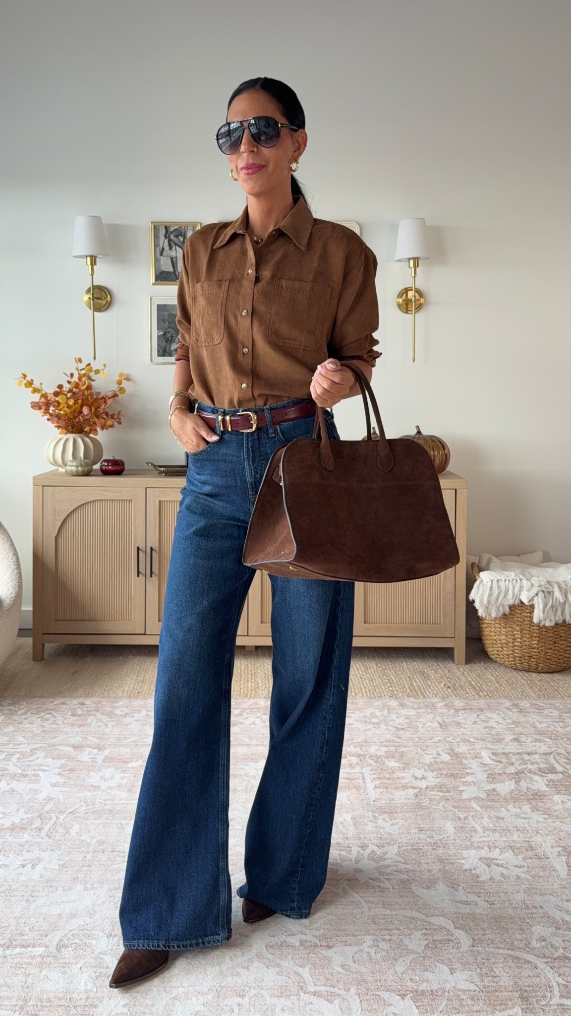 50% off and a perfect casual Thanksgiving look or Fall/Winter look 
Faux suede Shirt - small 
Denim- 2 long 
Suede tote 

#LTKU #LTKOver40 #LTKSaleAlert