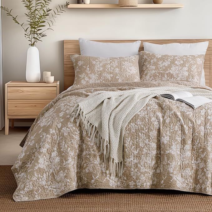 Wonderful Floral Quilt Set King Size, Khaki Comforter Sets,3 Pieces Lightweight Bedding Set Soft ... | Amazon (US)