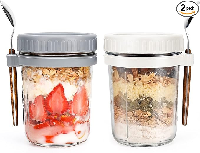 Overnight Oats Jars with Spoon and Lid 16 oz [2 Pack], Airtight Oatmeal Container with Measuremen... | Amazon (US)