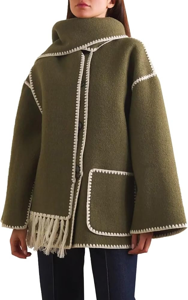 RAMOUG Women's Autumn And Winter Fashion Coat Casual Embroidery Tassel Scarf Loose Jacket | Amazon (US)