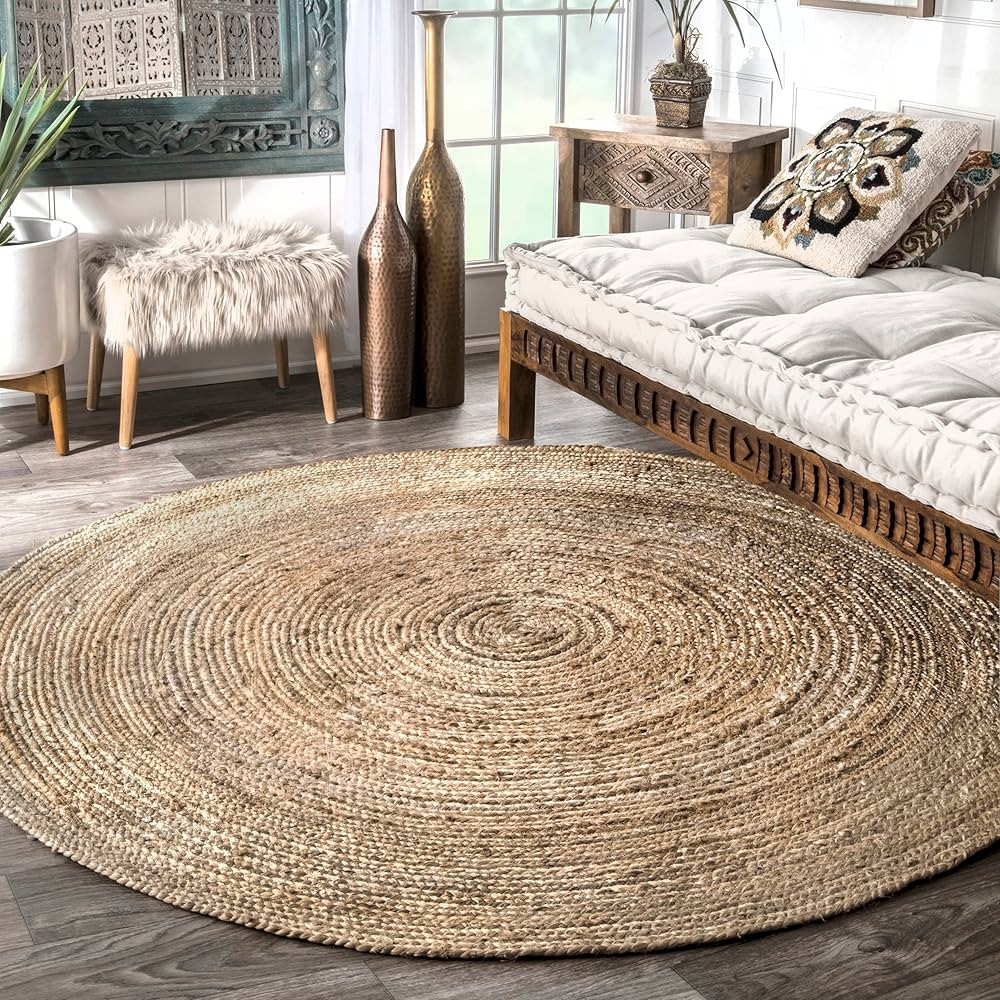 nuLOOM 8 Round Rigo Jute Hand Woven Area Rug, Natural, Solid Farmhouse Design, Natural Fiber, For... | Amazon (US)