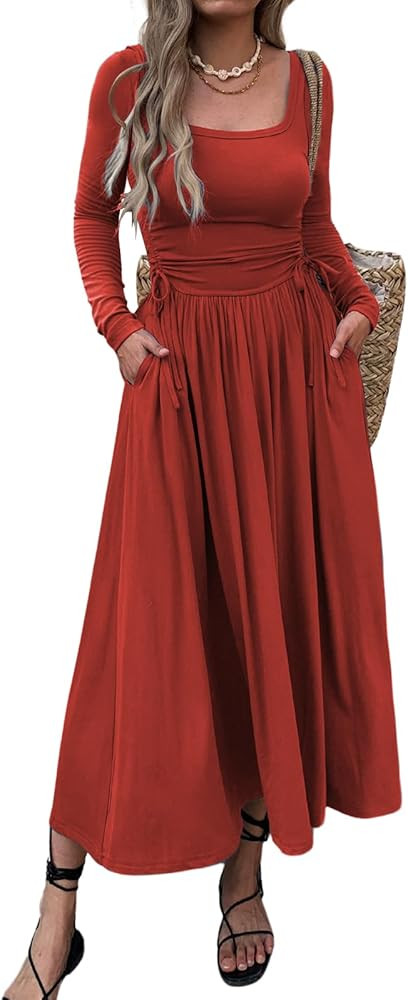 Women’s Long Sleeve Square Neck Maxi Dress Adjustable Waist Tie Casual Flowy A-Line Pleated Dre... | Amazon (US)