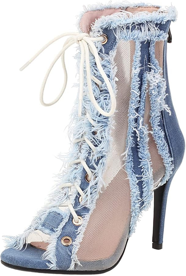 LYYSKY Womens Fashion 9.5CM Stiletto High Heels Open Toe Denim Pumps Hollow Out Sandals Evening D... | Amazon (US)