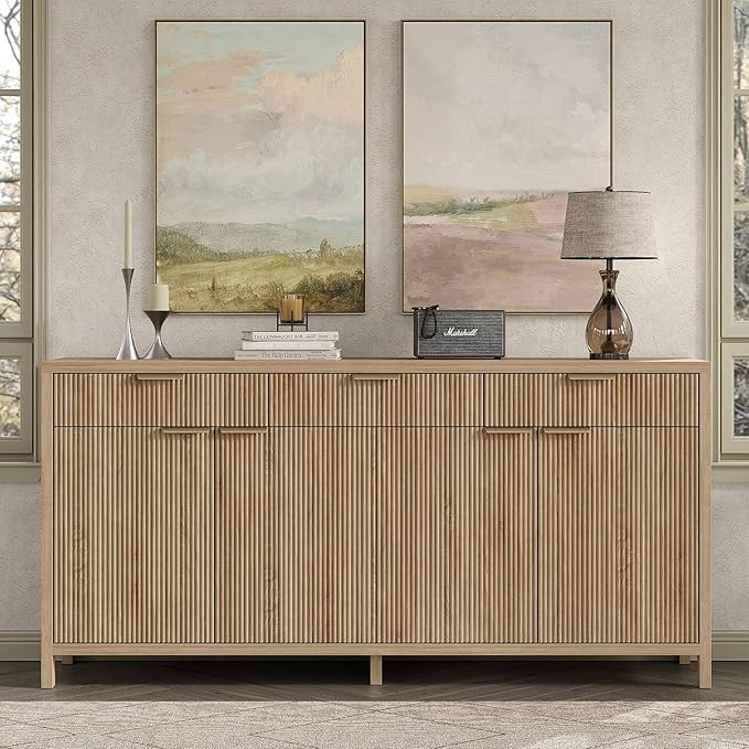 66" W Fluted Buffet Cabinet, Sideboard Storage Cabinet with 3 Drawers & 2 Cabinets, Mid-Century C... | Amazon (US)