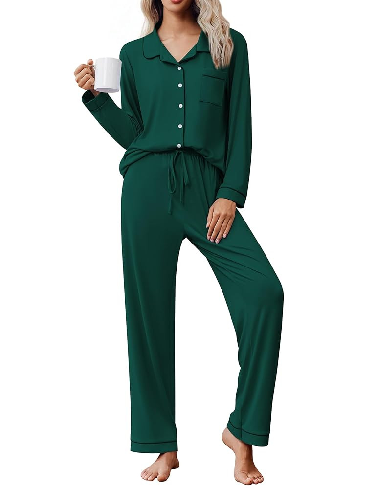 Ekouaer Pajama Sets Women Classic Long Sleeve Button Down Sleepwear Soft Pjs Lounge Sets | Amazon (US)