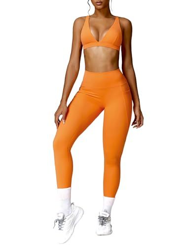 ABOCIW Workout Sets for Women Deep V Neck Sports Bra High Waist Yoga Leggings with Poacket 2 Piece Gym Sets Y-Orange Small | Amazon (US)