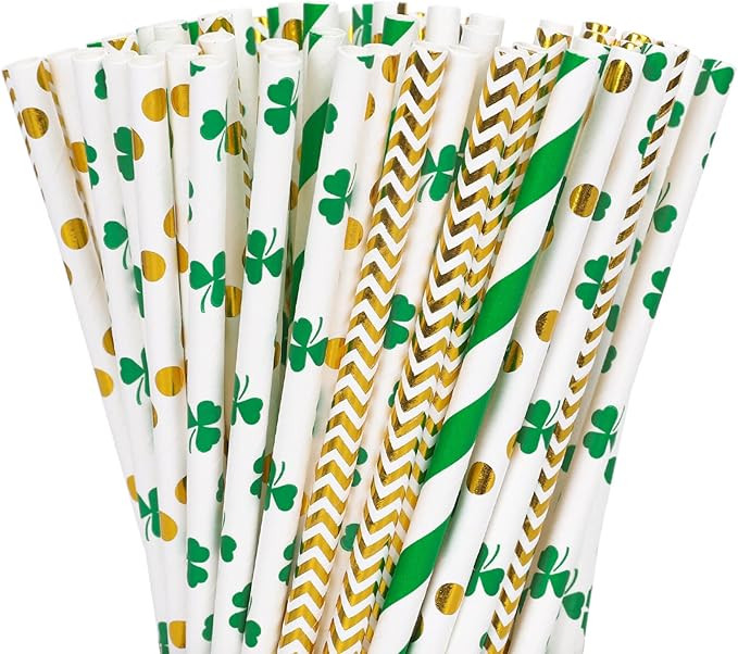 Whaline 100Pcs St Patrick's Day Paper Straws 7.7" Shamrock Wave Stripe Dot Disposable Paper Straw... | Amazon (US)