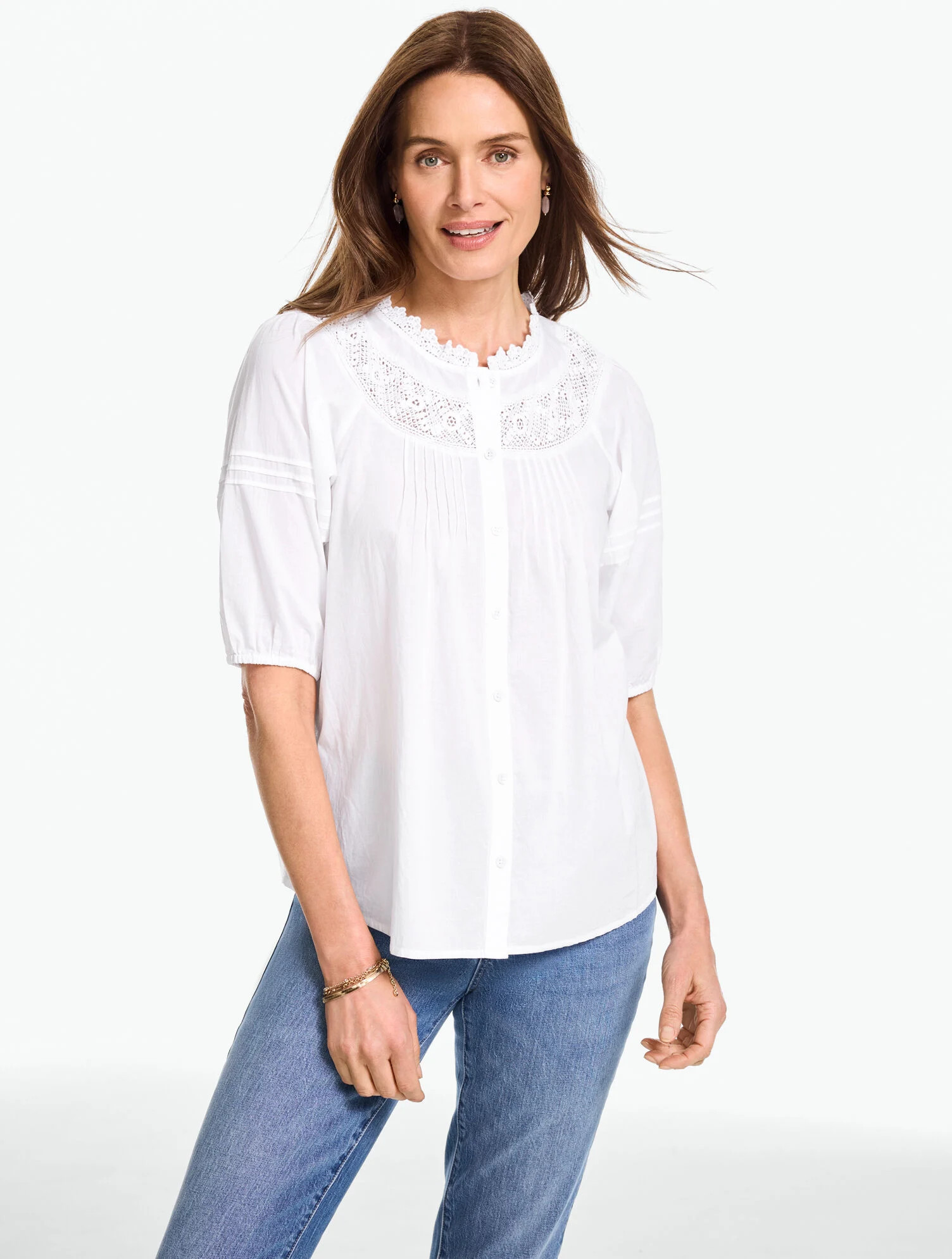 Lace Trim Button Front Voile  Top | Talbots