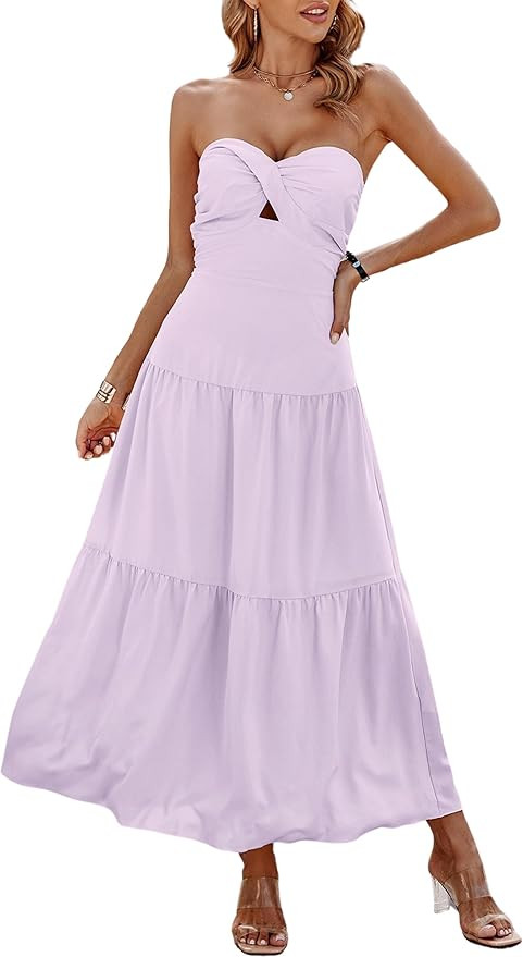 ECOWISH Women's Summer Strapless Maxi Dress 2024 Off Shoulder Hollow Out Smocked A Line Tube Tier... | Amazon (US)