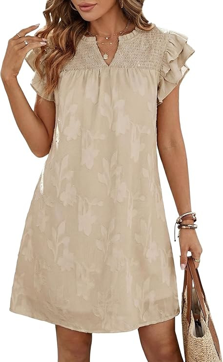 Dokotoo Womens Summer Dresses 2026 Ruffle Short Sleeve Casual V Neck Smocked Floral Burnout Mini ... | Amazon (US)