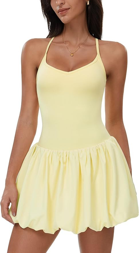 Tennis Dress for Women Sleeveless Ruffle Cami Bubble Dress with Built in Shorts Active Yoga Golf ... | Amazon (US)