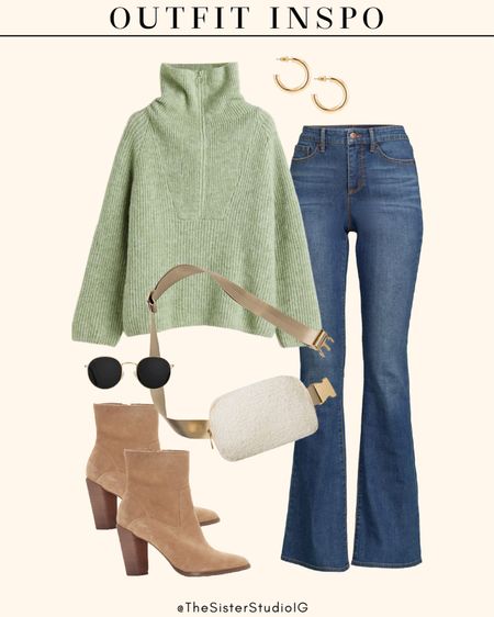 Cute and casual outfit option!!
Flare jeans + booties + half-zip sweater. 

#LTKSeasonal #LTKshoecrush #LTKstyletip