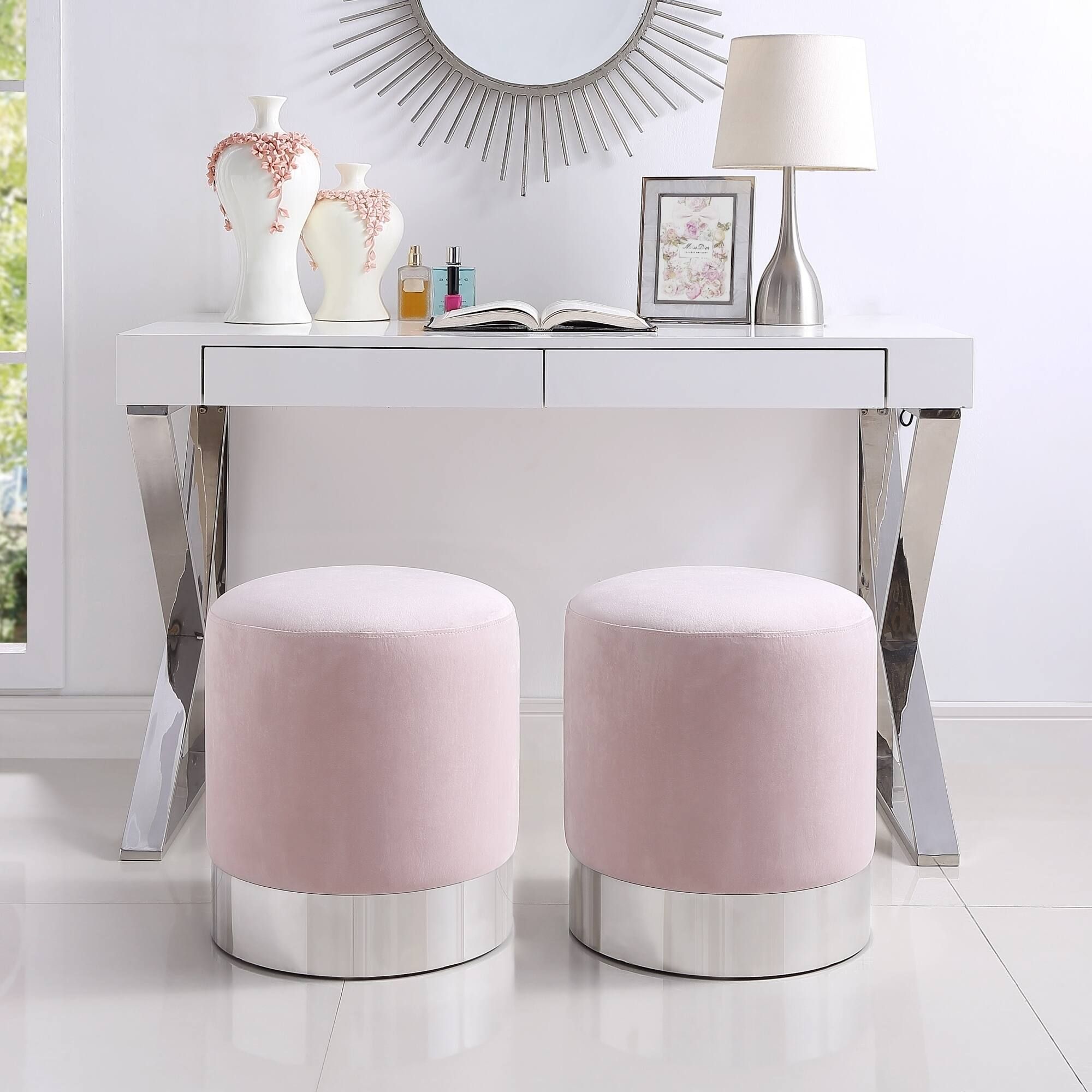 Inspired Home Sadie Velvet Ottoman Round with Metal Base | Bed Bath & Beyond