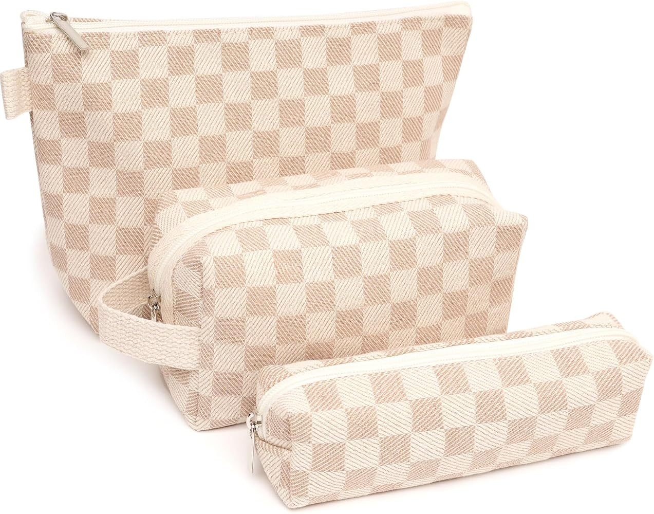 3 Pcs Canvas Makeup Bag Set Checkered Cosmetic Pouch for Women Travel Toiletry Bag Cute Makeup Or... | Amazon (US)